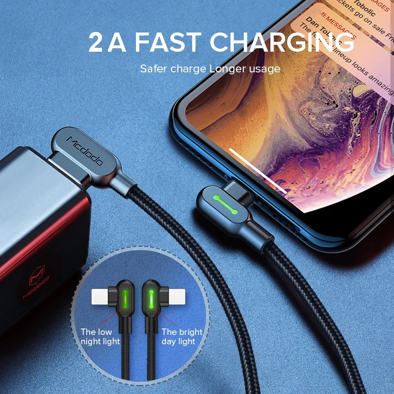 MCDODO 90 градусов Lightning USB кабель для iPhone 11 Pro XS MAX XR X 8 7 6s Plus 5 светодиодный зарядки