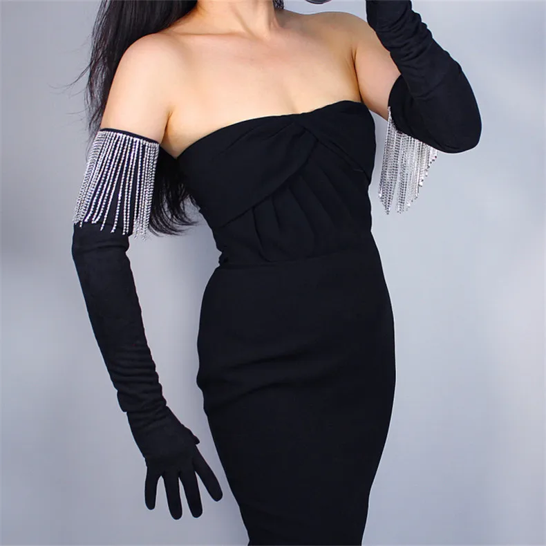 Новинка 70 см Стразы очень длинные перчатки с кисточками и цепочкой бриллиант ААА искусственная кожа замша матовые черные женские перчатки WJP09-70