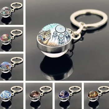 

WG 1pc Dream Catcher Wolf Keychain Time Jewel Cabochon Glass Ball Pendant Animal Wolf Metal Key Chain Jewelry