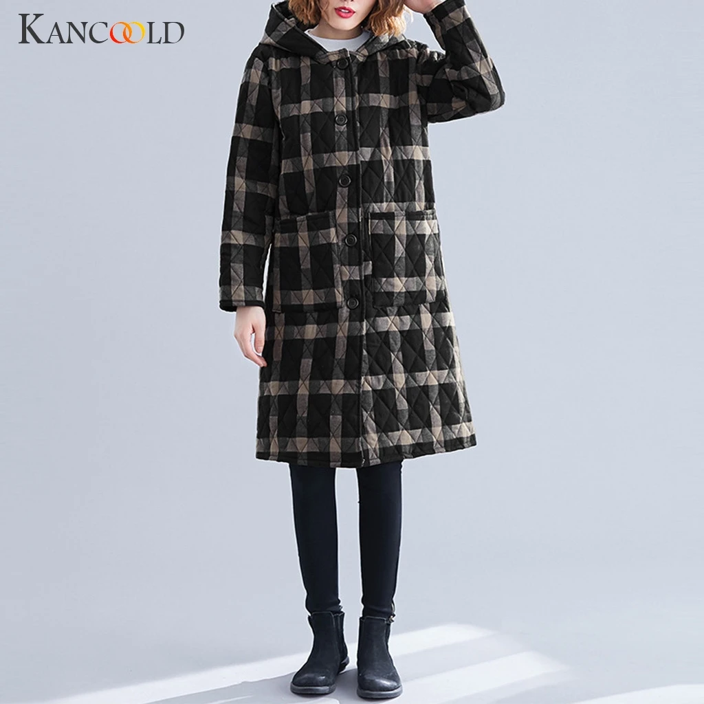 KANCOOLD, зимняя, толстая, хлопковая куртка, длинная, большой размер, теплая куртка, женская мода, решетка, толстая, теплая, ветрозащитная, свободная куртка