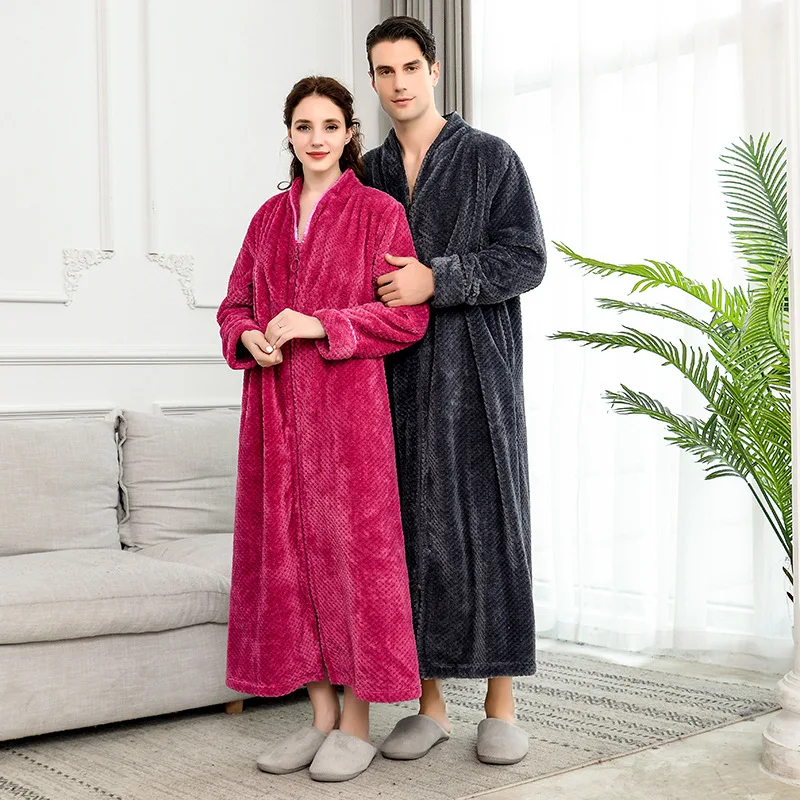

Classic Female Autumn Winter Plus Size Loose Zipper Bathrobe Women Home Soft Flannel Long Bathrobes Men Thermal Dressing Gown