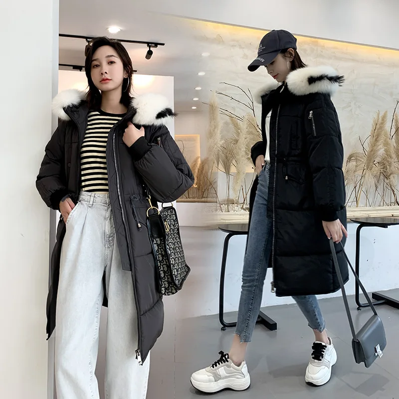 

Drawstring Lace Slimming Hooded Large Fur Collar Thick Cotton Coat Winter 2019 New Style Warm Mid-length Cotton-padded Clothes W