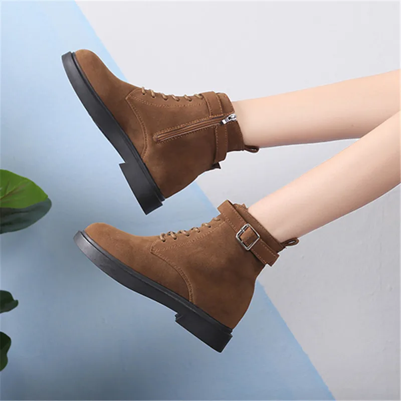 New Women Hidden Wedge Boots With Golden Zipper Fashion Ankle Tow Side Buckle 