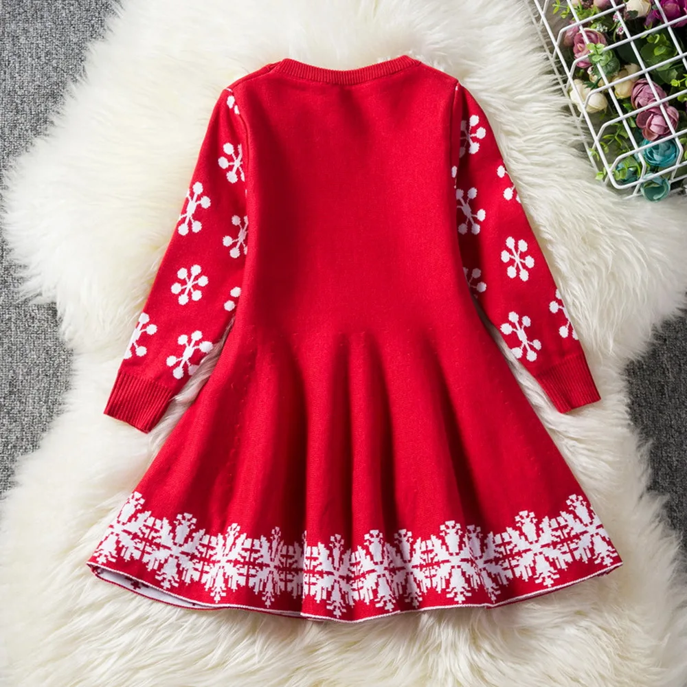 Christmas Dress Girl Elk Print Knee Length Dress Autumn Winter Long Sleeve Party Dress Cute kids Dresses For Girls vestidos D30