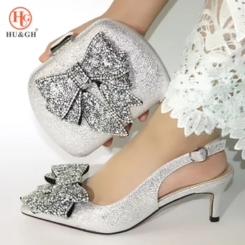 

African Women Sliver Color Shoes And Bag Set Decorated with Rhinestone Sexy Pumps Italian Lady Party Luxury Shoes Matching A bag