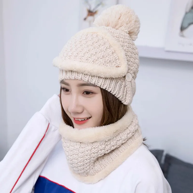 Зимние вязаные шапки Skullies бини женские одноцветные помпоны мягкие теплые шапки s эластичные уличные лыжные велосипедные набор из шапки и шарфа