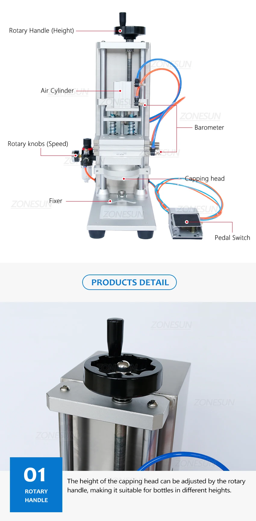 ZONESUN ZS-XG450D Máquina semiautomática de tapado giratorio de botellas de vidrio de escritorio