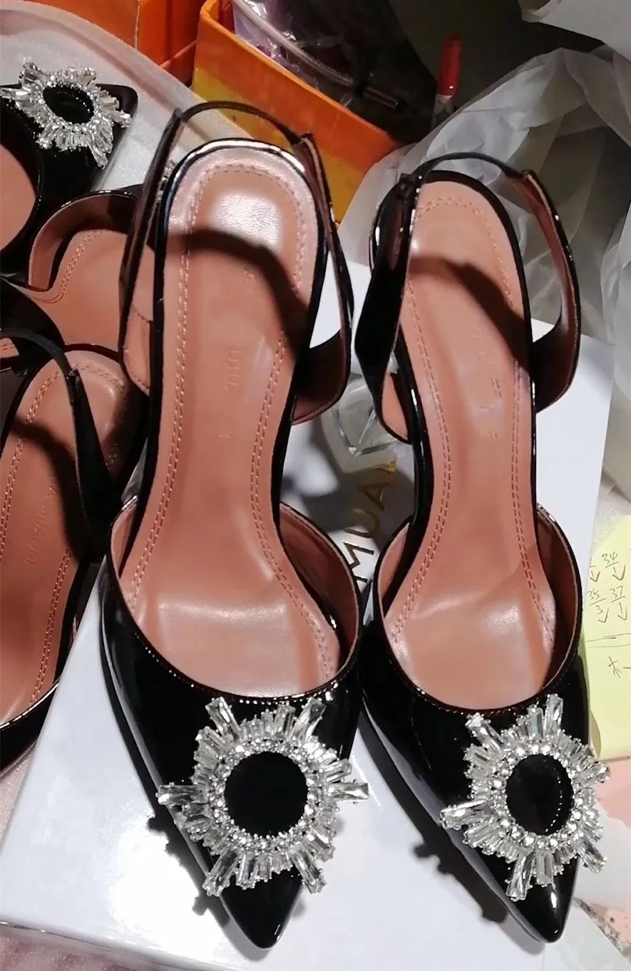 Туфли на высоком каблуке с пряжкой и стразами; босоножки с петлей на пятке; Радужная чашка; женские пикантные туфли с острым носком; стразы; обувь для вечеринок на высоком каблуке; Sandalias - Цвет: as shown