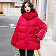 

New Women No-wash Down Jacket Winter 2022 Fashion Hooded Solid Color Medium Long Straight Loose Red Glossy Thick Warm Down Coat