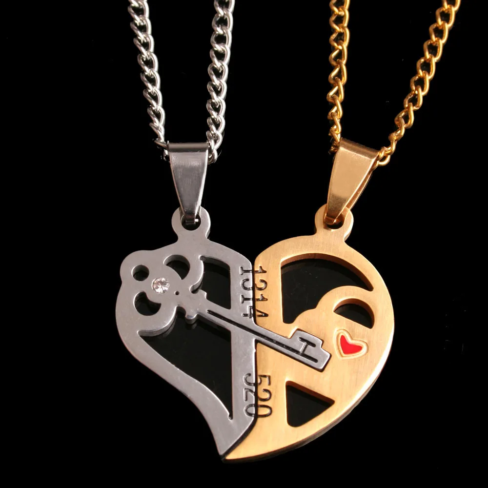 

South Korea Accessories Lock Head Key Heart Joint qing lv shi on Pendant Men And Women Titanium Steel Lock Cylinder Necklace Who