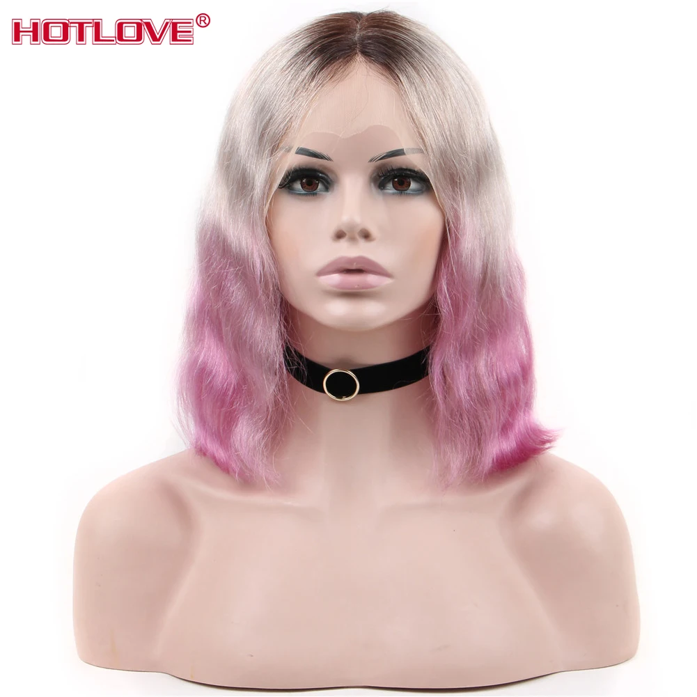 

1B/Gray/Dark Pink Lace front Human Hair Wigs Brazilian Short Bob 13x4 Transparent Lace Front Wigs Natural Wave Wigs Remy Hair