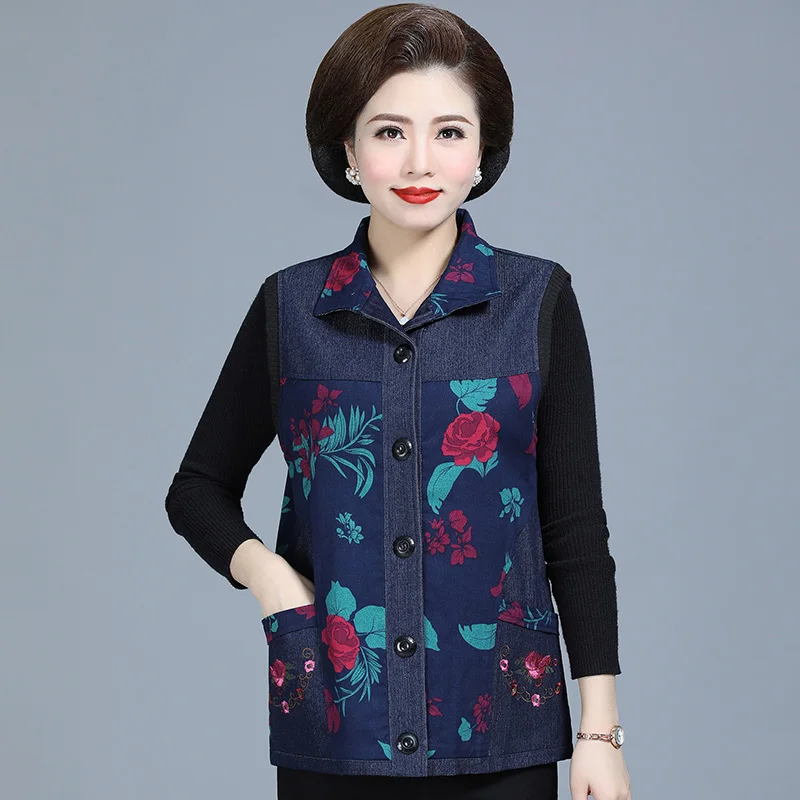 Middle-aged fashion Elegant Cowboy Vest woman printing splicing Short-Length lapel button Spring and Autumn thin style plus-size
