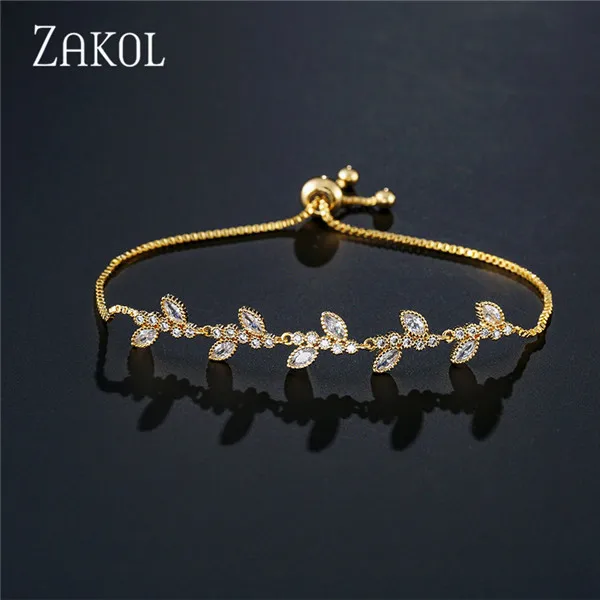 Gold Color 7 ZAKOL модные ювелирные изделия невесты белого цвета в виде листа, очаровательный браслет с кубическим цирконием и браслеты с прозрачными CZ кристаллами, браслеты для женщин FSBP061 - Окраска металла: Gold Color 7