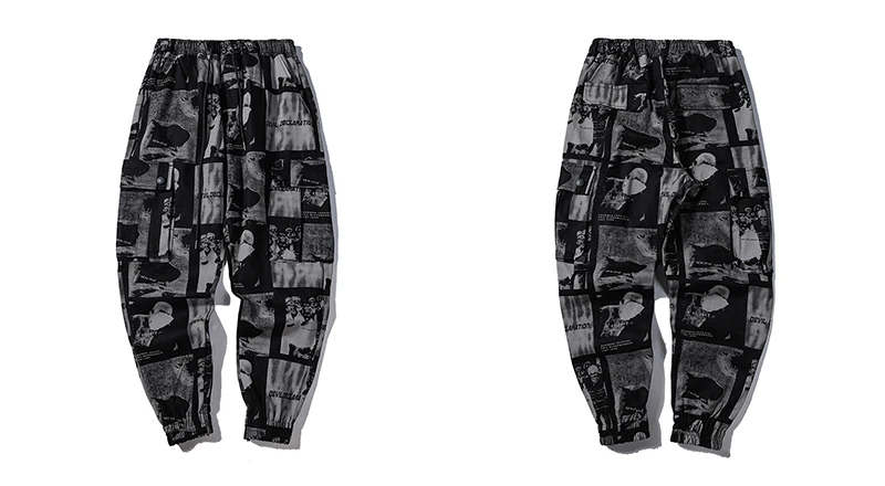 LENSTID Hip Hip Men Streetwear Vintage Pattern Joggers Harem Pants Harajuku Casual Tactical Cargo Pants Pockets Track Trousers - Цвет: Черный