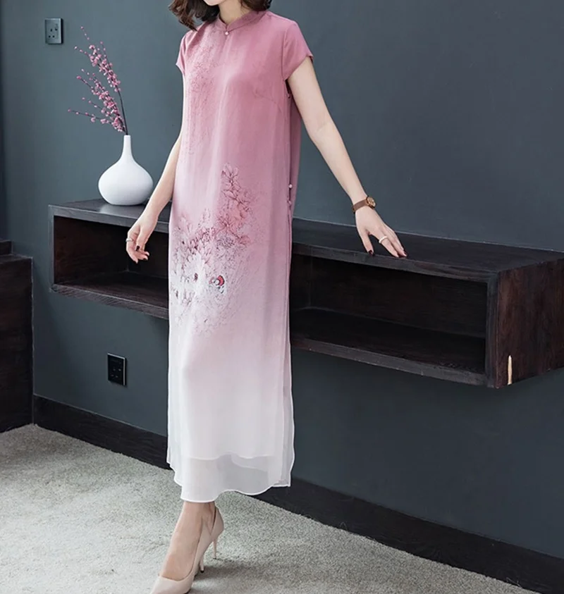 Summer Casual Dresses For Women Chiffon Robe Vintage Femme Mandarin Collar Short Sleeve Long Dress Elegant Vestdio OS033