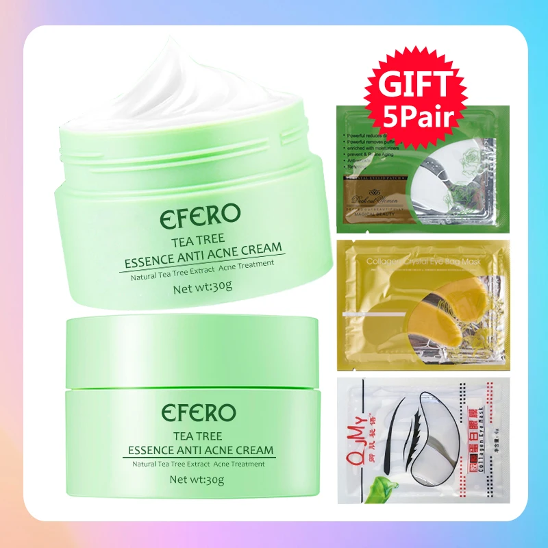 EFERO Tea Tree Essence Repair Acne Cream Anti Spots Acne Treatment Scar Blackhead Cream Shrink Pores Whitening Moisturizer Cream - Цвет: 5pcs eye mask gift