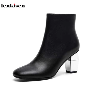 

Lenkisen new genuine leather shiny metal heels round toe high heels fashion concise style winter keep warm women ankle boots L89