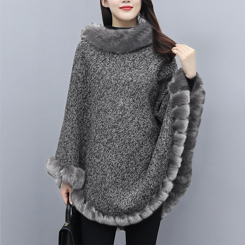 

Bat Shirt Warm Pullover 2021 Winter Faux Fox Fur Out Street Wear Women Capes Solid PonchoWoolen O Neck Fur Sweater