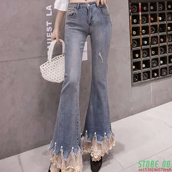 

2020 Spring Embroidery Patchwork Jeans Pants Flowers Laces Elegant Female Wide Legs Flare Pants High Waist Ladies Long Trousers