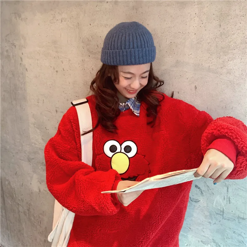 Cartoon Lambs Wool Hoodies Women O Neck Velet Thicken Sweatshirt Autumn Winter Warm Outwear Red Blue Long Sleeve Streetwear W250