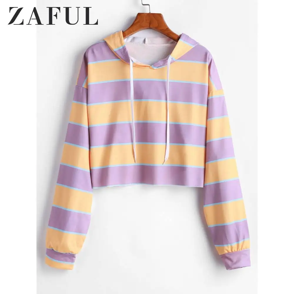 ZAFUL в полоску с необработанным вырезом, с завязками, с заниженным плечом, с длинным рукавом, худи для женщин, короткие женские пуловеры, хит цвета, осень