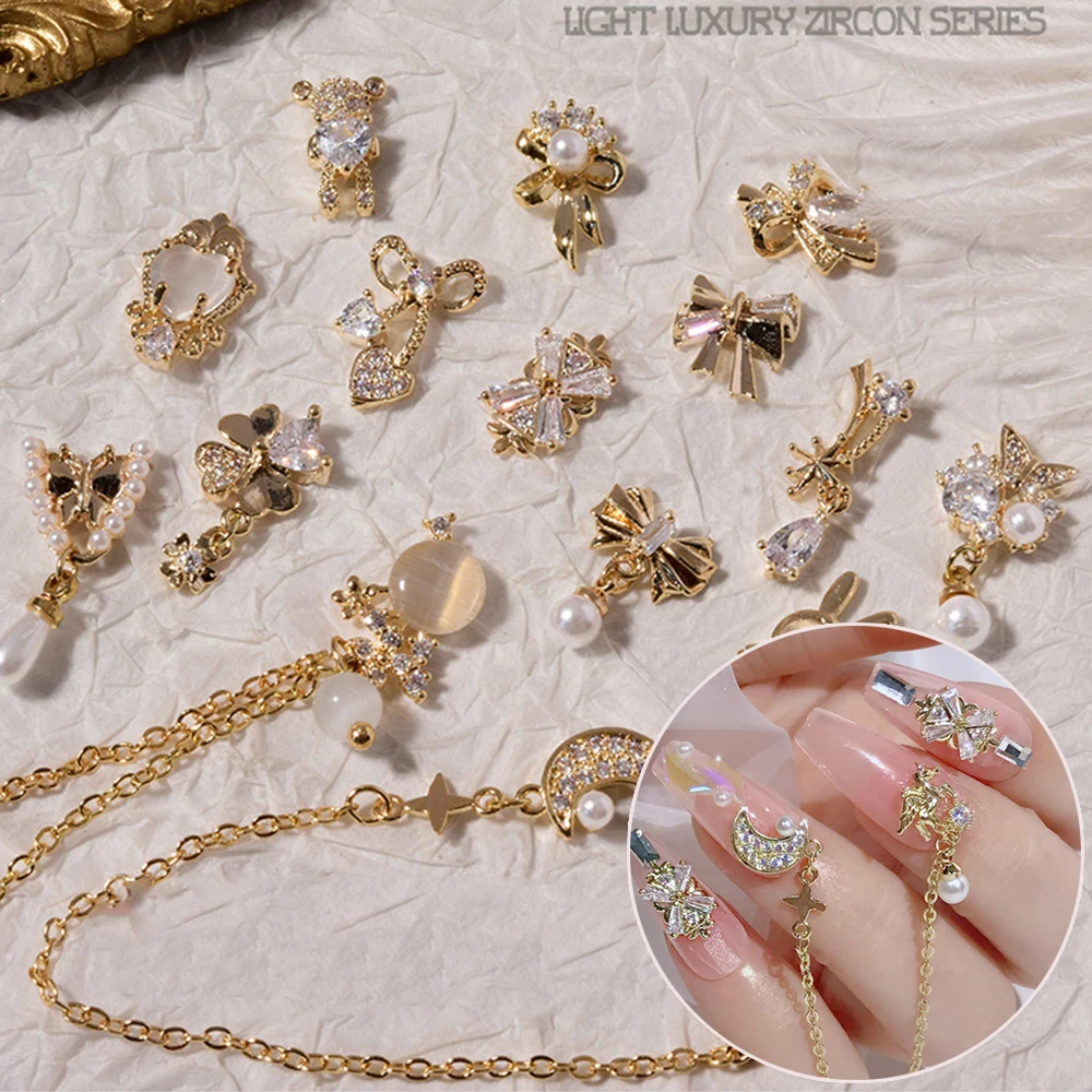 3D Bow Flower Crystal Pendant Chain Nail Art Decorations Metal Zircon Nail Art Jewelry Nails