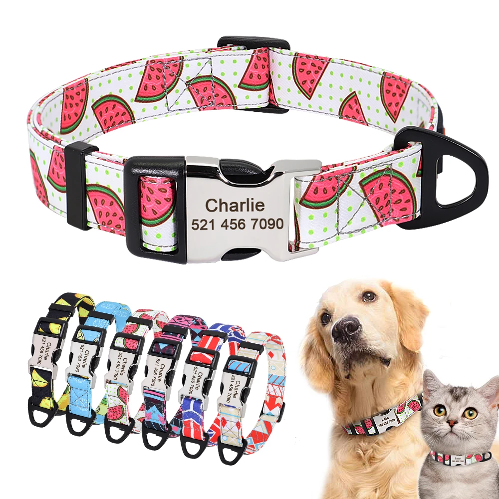 Nylon Print Dog Collar Personalized Pet Cat Id Collars Free Engraving Tag Nameplate For Small ...
