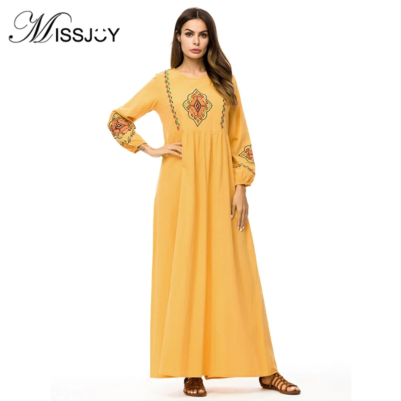 

New Plus Size Caftan Muslim Women Dubai Open Abaya Turkish Islam Long Sleeve Embroidery Yellow Turkish Long Dress