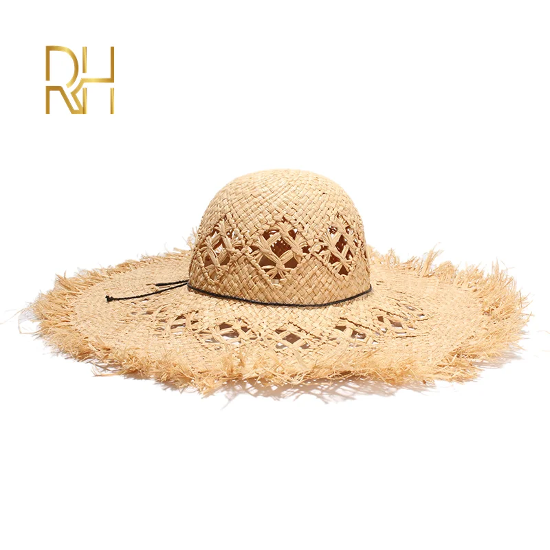 natural RH Новые Летние Пляжные шапки ручной работы круглый верх натуральная солома-рафия шляпа с крючком для женщин и девочек - Цвет: natural