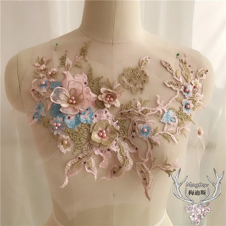 DIY свадебное платье 3D цветок кружева вышивка Свадебная бисером жемчужная аппликация Тюль - Цвет: Pink Gold