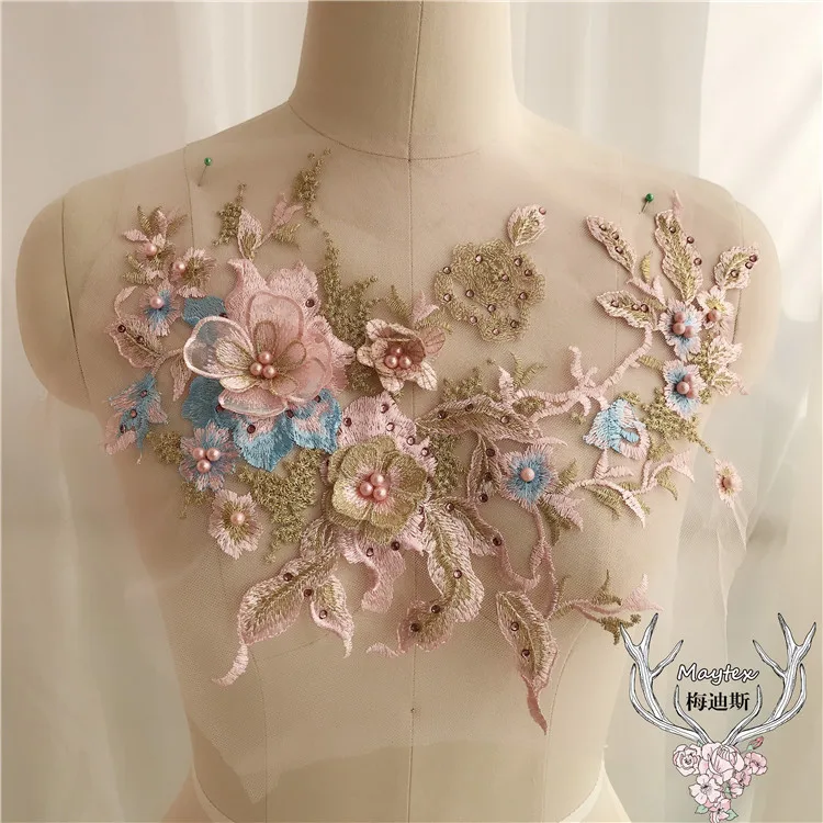 Pink Gold DIY свадебное платье 3D цветок кружева вышивка Свадебная бисером жемчужная аппликация Тюль - Цвет: Pink Gold