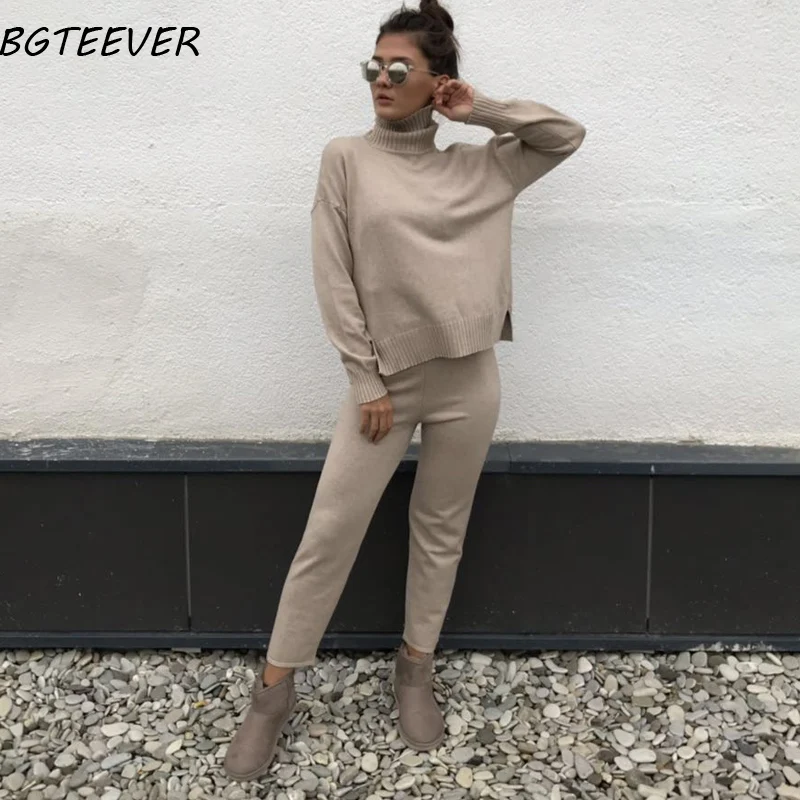 Online Casual Sweater Pants Knitted 2 piezas Set Pullovers de cuello alto y pantalones elásticos de cintura mujeres Sweater Sets 2019 otoño Knitted Set