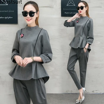 

2019 Autumn Two Piece Sets Outfits Women Plus Size Runics Tops And Pants Suits Elegant Fashion Korean Casual 2 Piece Sets Black