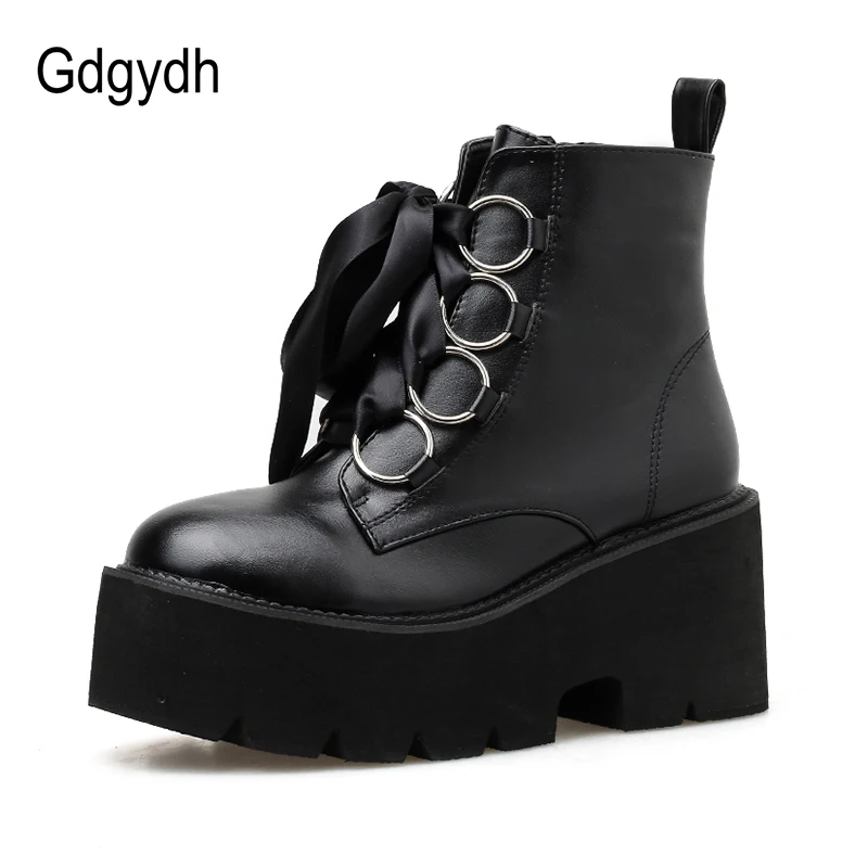 Gdgydh Autumn New Women Ankle Boots Round Toe Lace-up Platform Short Boots Female PU Soft Leather Black Boots Drop Shipping