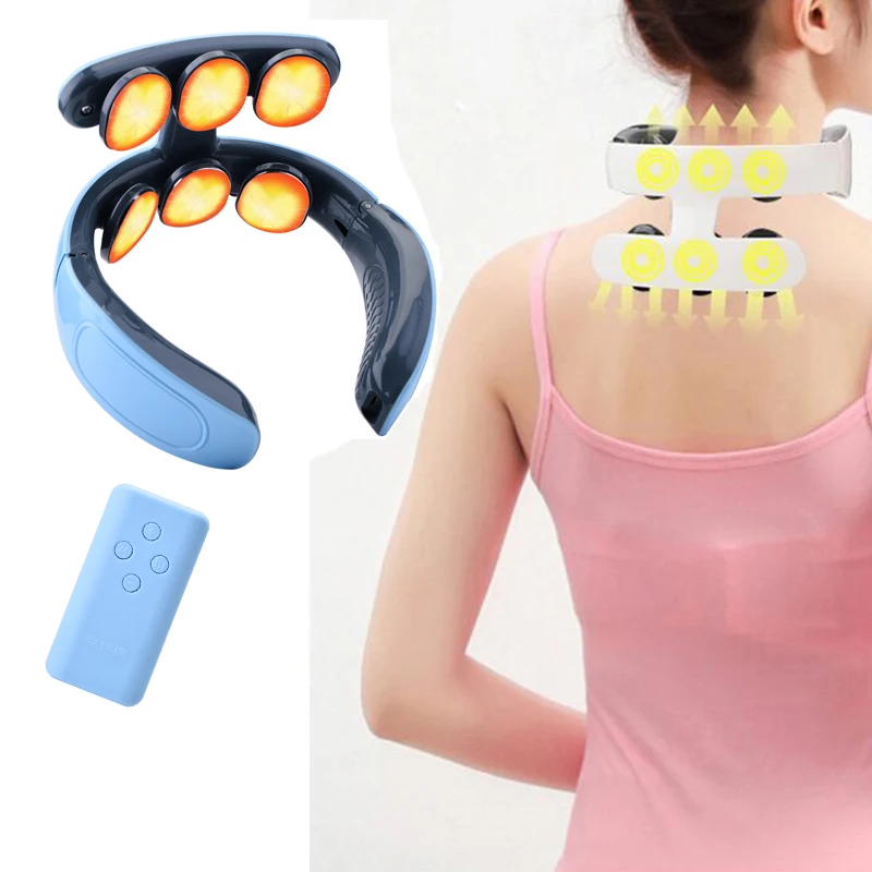 6 Head Electric Pulse Neck Massager With Remote Control Heating Cervical Spine and Shoulder Massage Pain Relief Voice Broadcast