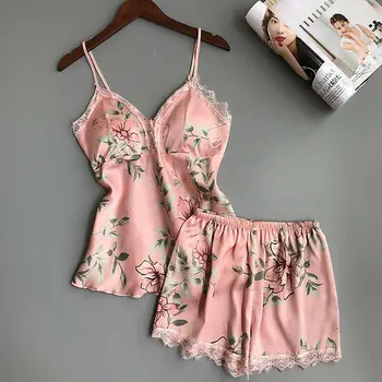 

Hirigin Women Pajamas Sets Sexy Satin Lace V-Neck Sleeveless Top and Shorts Summer Floral Nightgown Lady Sleepwear Outfits