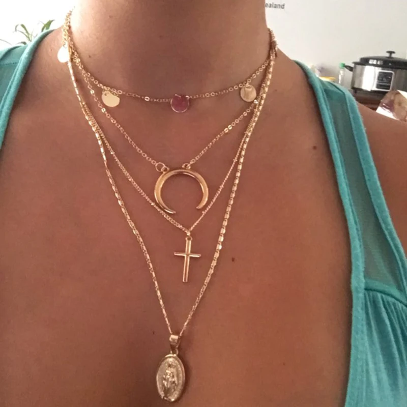 VKME ожерелье богемский крест девственница Мэри ожерелье из сплава девушка мода длинное многослойное Ожерелье Новинка