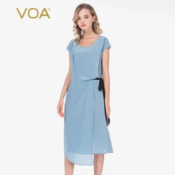 

VOA Silk round Neck Yuke Pleated Shoulder Short Sleeve Black Strap Irregular Hem Midi Commuter Dress AX57