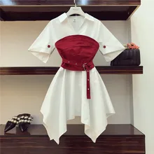 Летнее дизайнерское женское платье-рубашка с v-образным вырезом+ красный корсетный пояс ассиметричный сексуальный пояс женский комплект одежды из 2 предметов