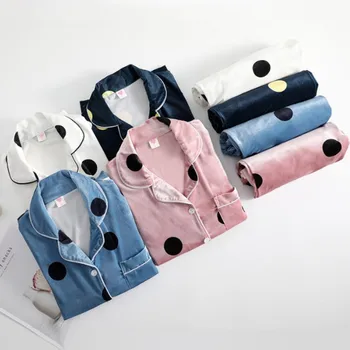 

White Print Polka Dot 2PCS Velour Pajamas Set Women Sexy Pocket Nightwear Sleepwear Winter New Loose Home Clothes M-XXL