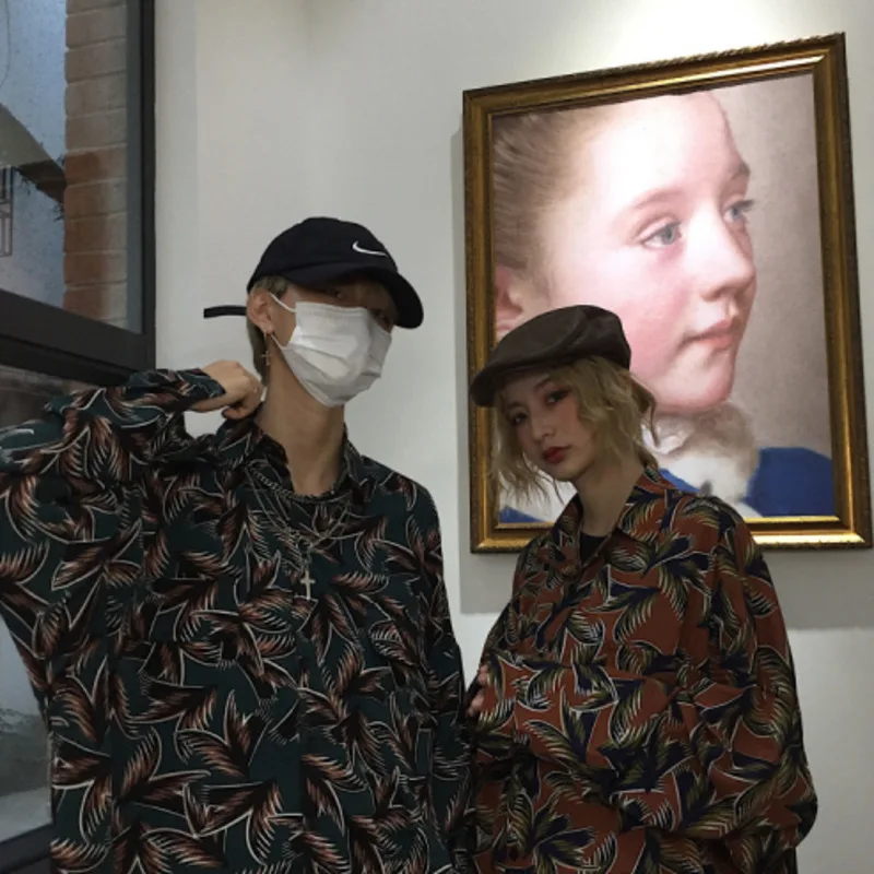 

Men's Shirt 2019 Autumn and Winter New Retro Shirt Harbor Wind Couple Print Loose Long Sleeve Shirt Youth Trend Men's Wear