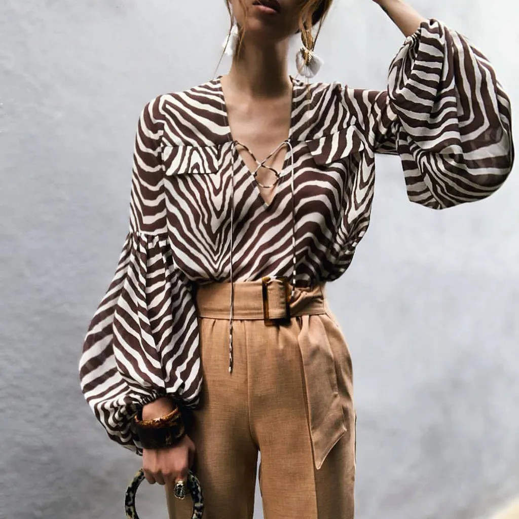 

Femme Blusas Mujer De Moda Fashion Women Shirt Lantern Sleeve Deep V-Neck Print Ribbons Long Sleeve Blouse Tee Blusas