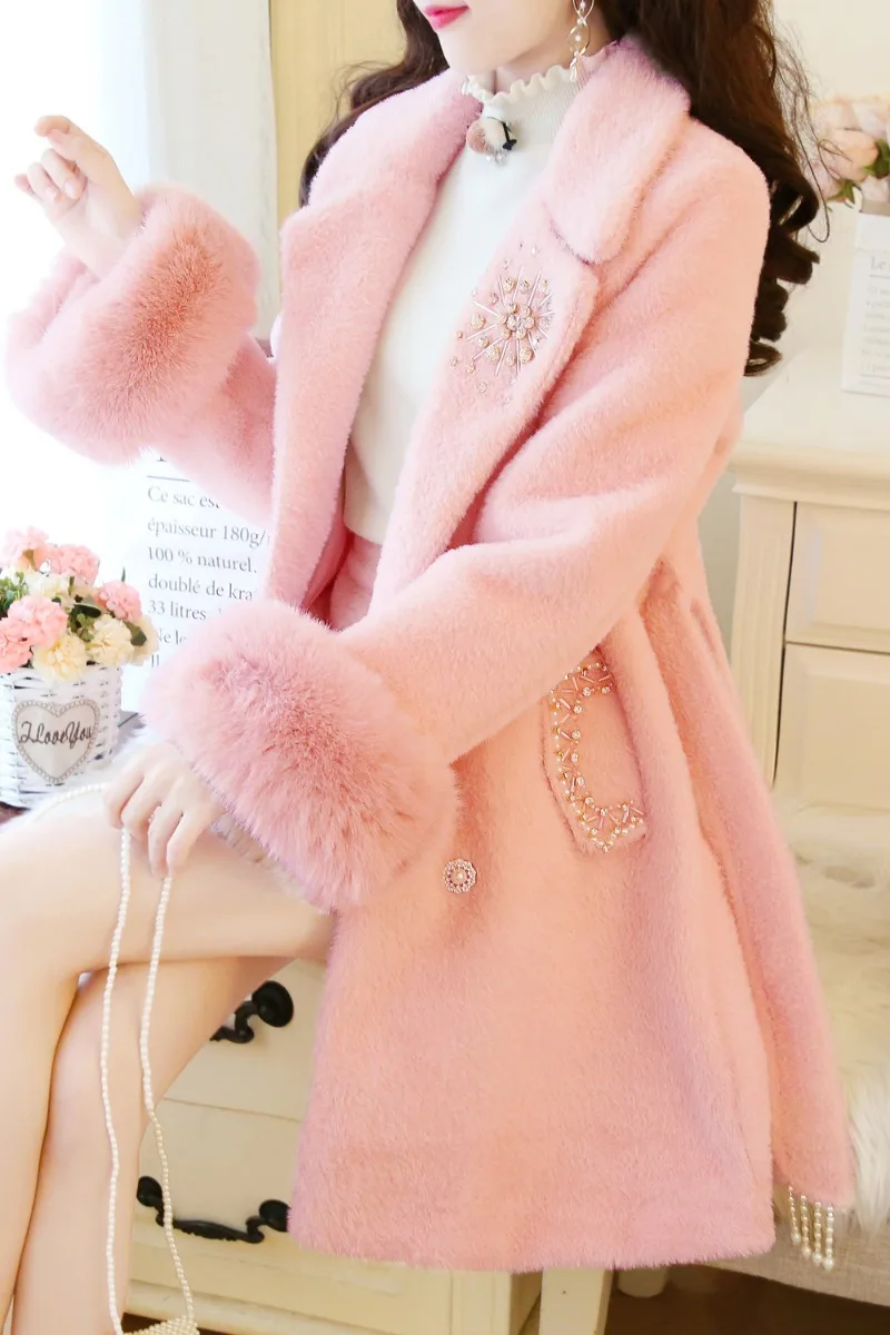 Женское длинное кашемировое пальто розовое или белое повседневное теплое в