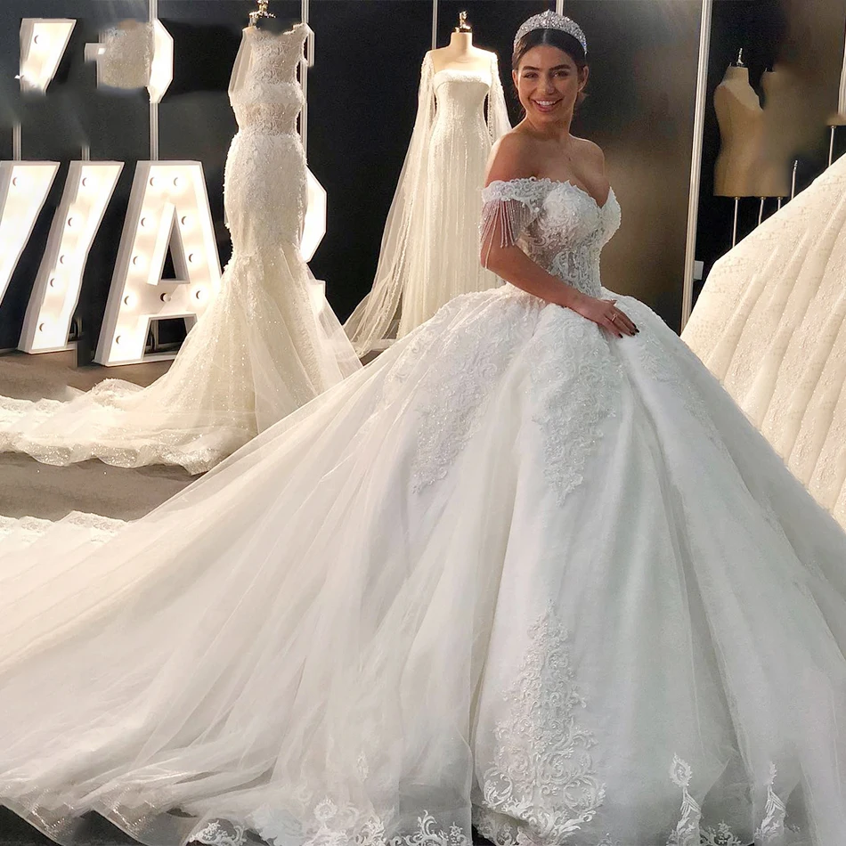 Vestido novia, Сексуальное Милое бальное платье с королевским шлейфом, свадебное платье, роскошное кружевное свадебное платье принцессы с открытыми плечами