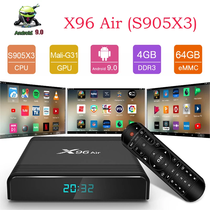 

Android tv box X96 Air s905x3 8K 2.4&5G WIFI 8K H.265 HDMI 2.1 Android 9.0 4GB Ram 64GB Rom support Netflix Spain iptv smart tv