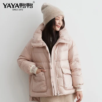 

YAYA Women Stand Collar Big Pocket Irregular Length Down Jacket Warm Cuff Patchwork Zipper Pink Claret Black Coat