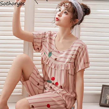 

Pajama Sets Womens Summer Round Neck Short Sleeves Knee Length Homewear Students High Quality Lovely Korean Style Casual Trendy
