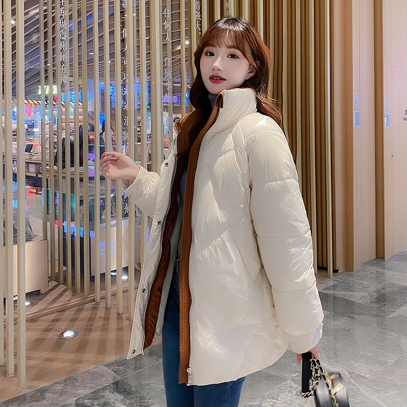 

Fashion Glossy Parka 2020 New Winter Jacket Women Casual Solid Short Stand Collar Parka Coat Female Office Lady