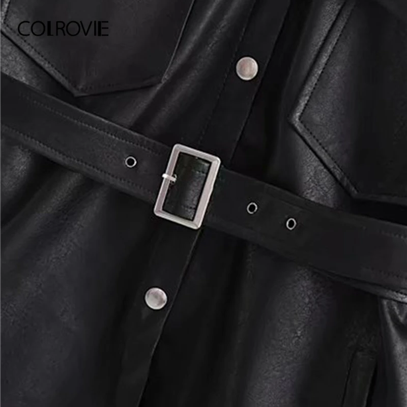price reduction  COLROVIE Black PU Button Front Flap Pocket Belted Jacket Women 2019 Autumn Streetwear Jackets Solid