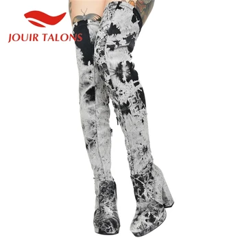 

JOUIR TALONS 2020 Fashion women shoes Big Size Graffiti Over-the-Knee Boots Platform Ultra high Heels Stretch Fbric Boots